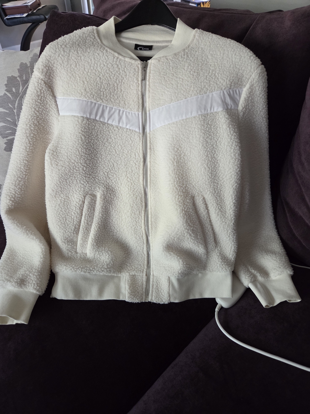 ZYIA Cream Sherpa Bomber Jacket with White Chevron